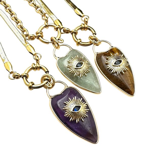 Aventurine Gemstone Heart Evil Eye Pendant Necklace 18K Gold Plated Chain 19" - Picture 7 of 9